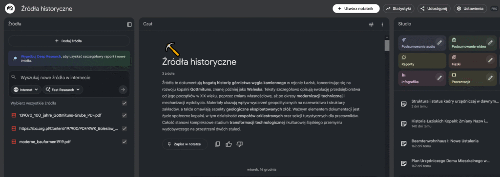 Widok na interfejs NotebookLM