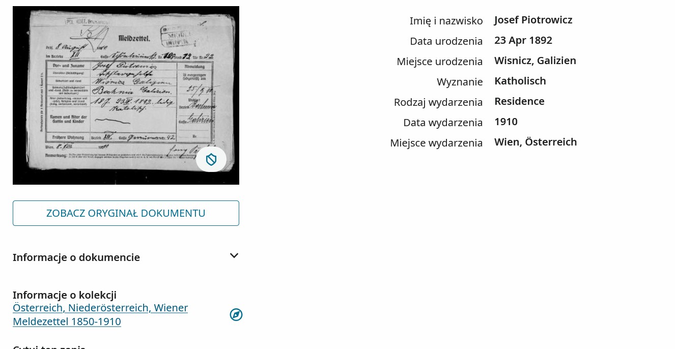 Zrzut z FamilySearch przedstawiający rekord metrykalny Josefa Piotrowicza